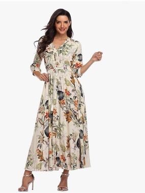 Amazon Floral V-Neck Maxi Dress in Cream with Green & Orange Print